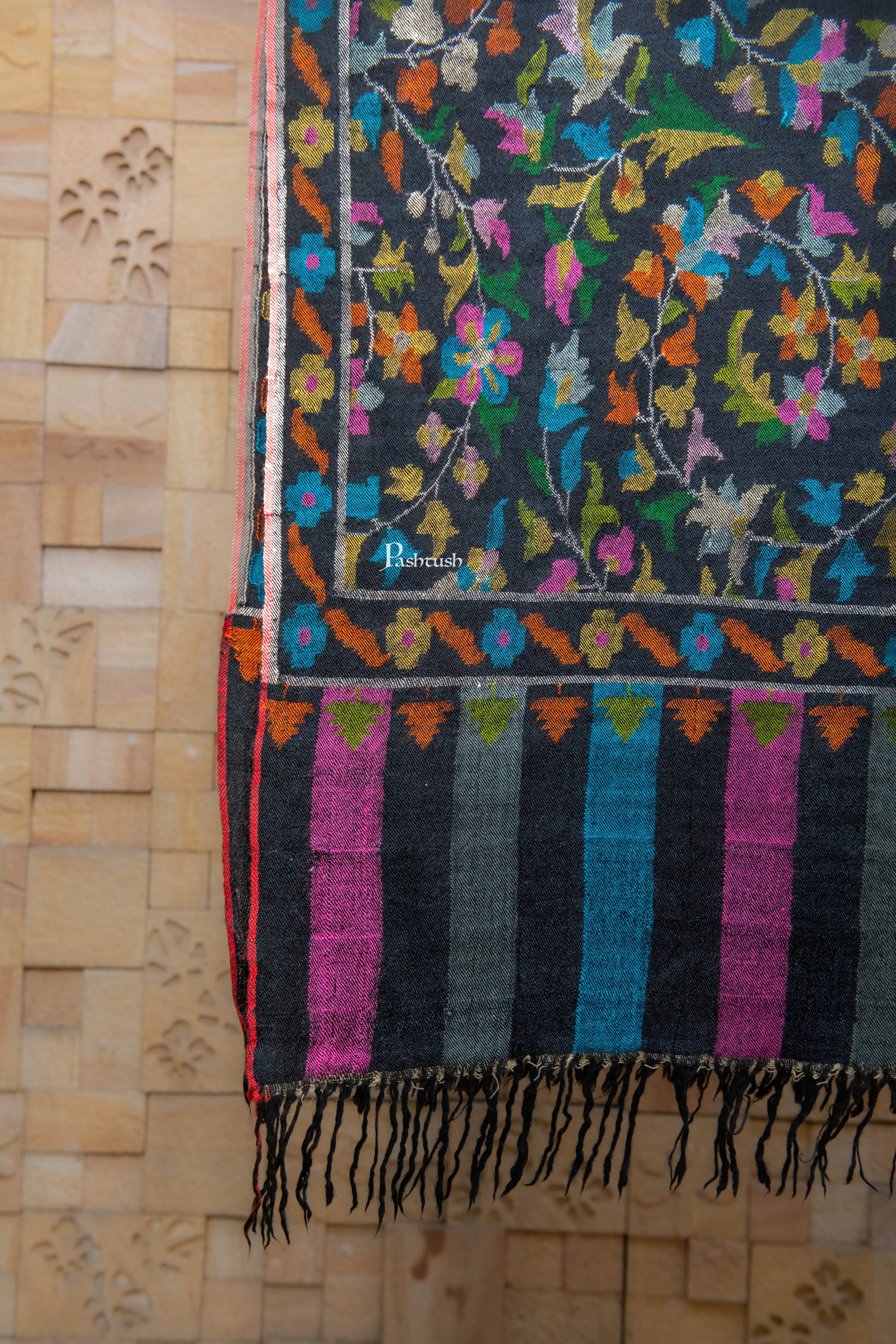 Pashtush India Womens Shawls Pashtush Womens Pure Pashmina Handloom Kaani Shawl, Handwoven, Jewel Black