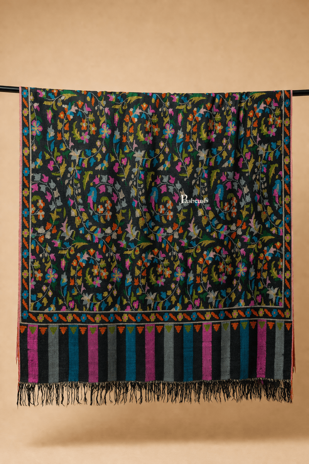 Pashtush India Womens Shawls Pashtush Womens Pure Pashmina Handloom Kaani Shawl, Handwoven, Jewel Black
