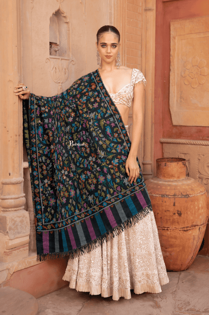 Pashtush India Womens Shawls Pashtush Womens Pure Pashmina Handloom Kaani Shawl, Handwoven, Jewel Black