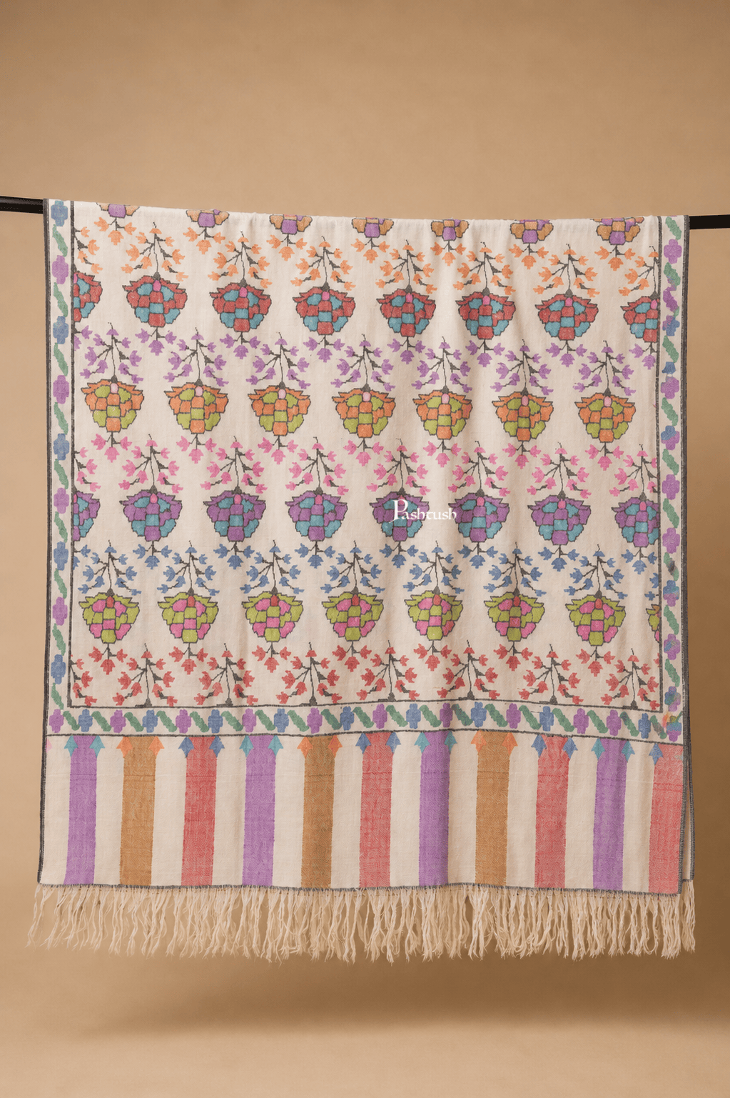 Pashtush India Womens Shawls Pashtush Womens Pure Pashmina Handloom Kaani Shawl, Handwoven, Pastel Hues, Ivory with Natural Woven Base