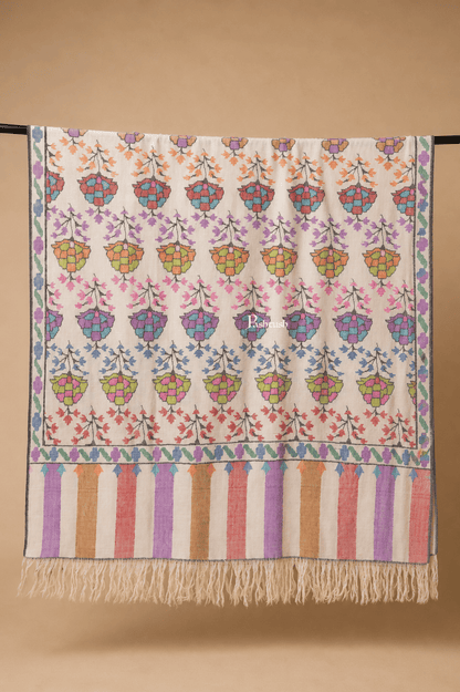 Pashtush India Womens Shawls Pashtush Womens Pure Pashmina Handloom Kaani Shawl, Handwoven, Pastel Hues, Ivory with Natural Woven Base