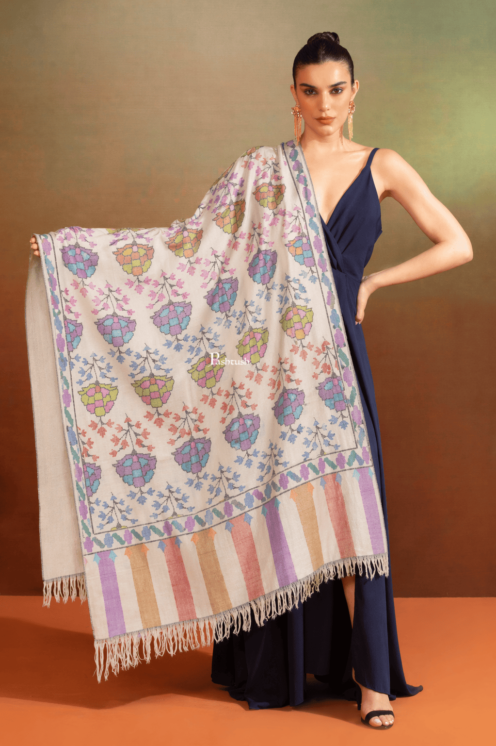 Pashtush India Womens Shawls Pashtush Womens Pure Pashmina Handloom Kaani Shawl, Handwoven, Pastel Hues, Ivory with Natural Woven Base
