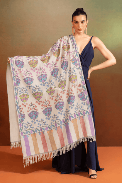Pashtush India Womens Shawls Pashtush Womens Pure Pashmina Handloom Kaani Shawl, Handwoven, Pastel Hues, Ivory with Natural Woven Base