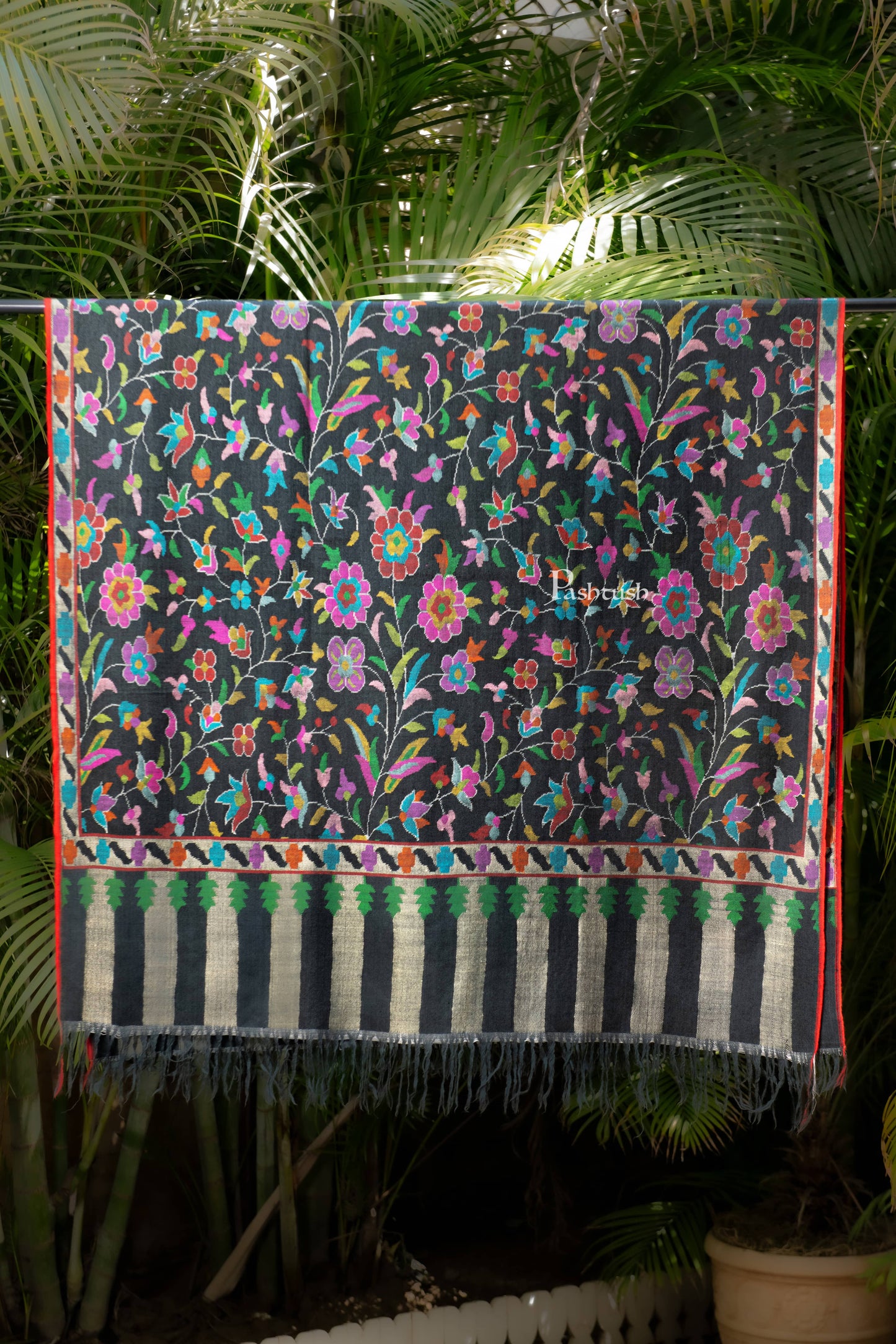 Pashtush India Womens Shawls Pashtush Womens Pure Pashmina Kaani Shawl, Handloom, Hand woven, Black
