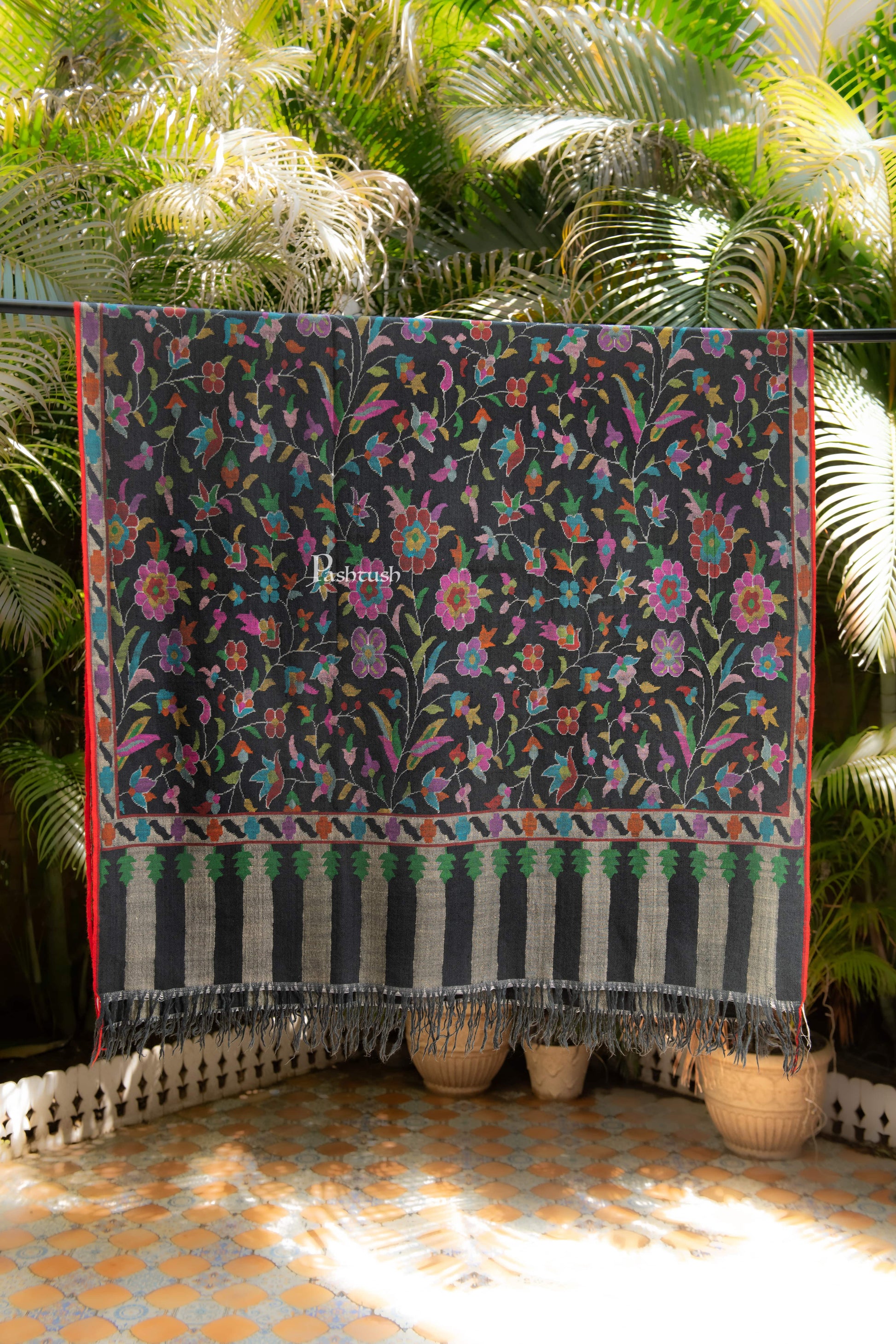Pashtush India Womens Shawls Pashtush Womens Pure Pashmina Kaani Shawl, Handloom, Hand woven, Black
