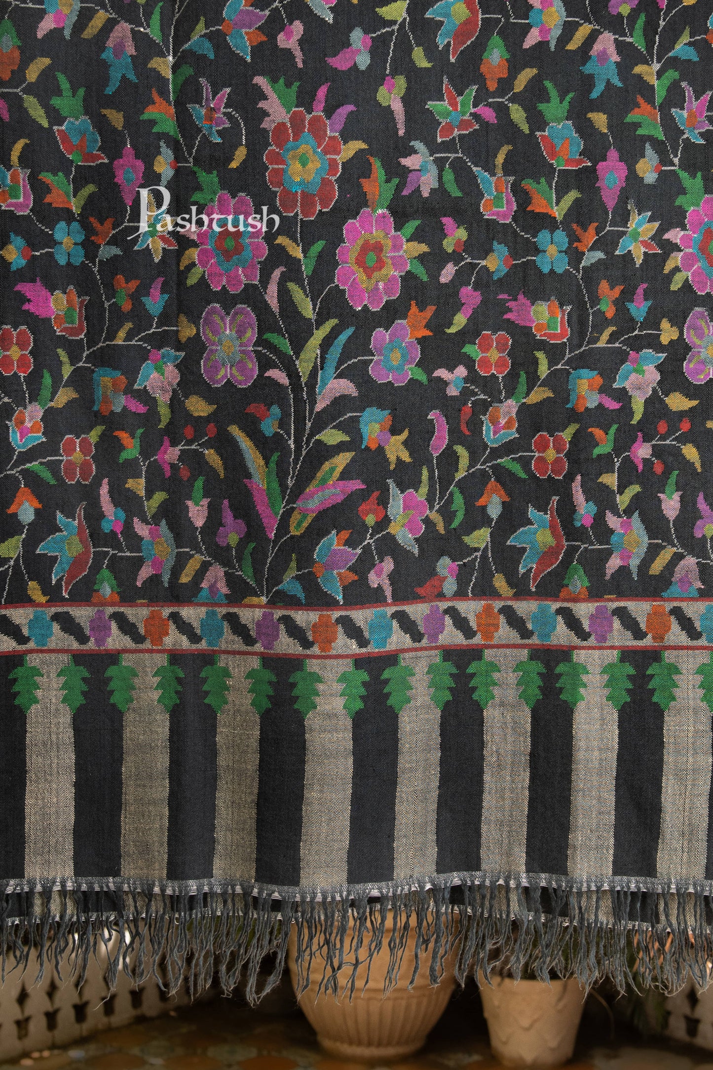 Pashtush India Womens Shawls Pashtush Womens Pure Pashmina Kaani Shawl, Handloom, Hand woven, Black