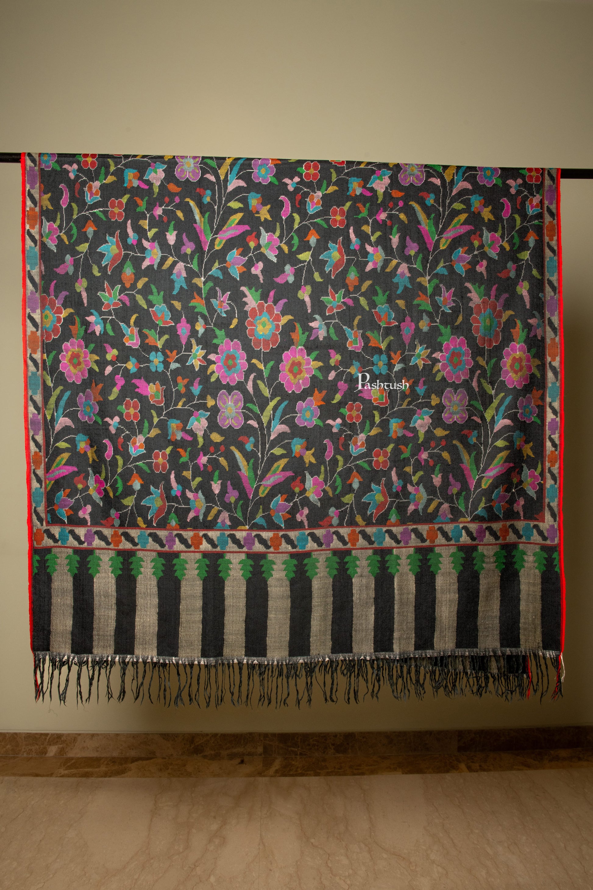 Pashtush India Womens Shawls Pashtush Womens Pure Pashmina Kaani Shawl, Handloom, Hand woven, Black