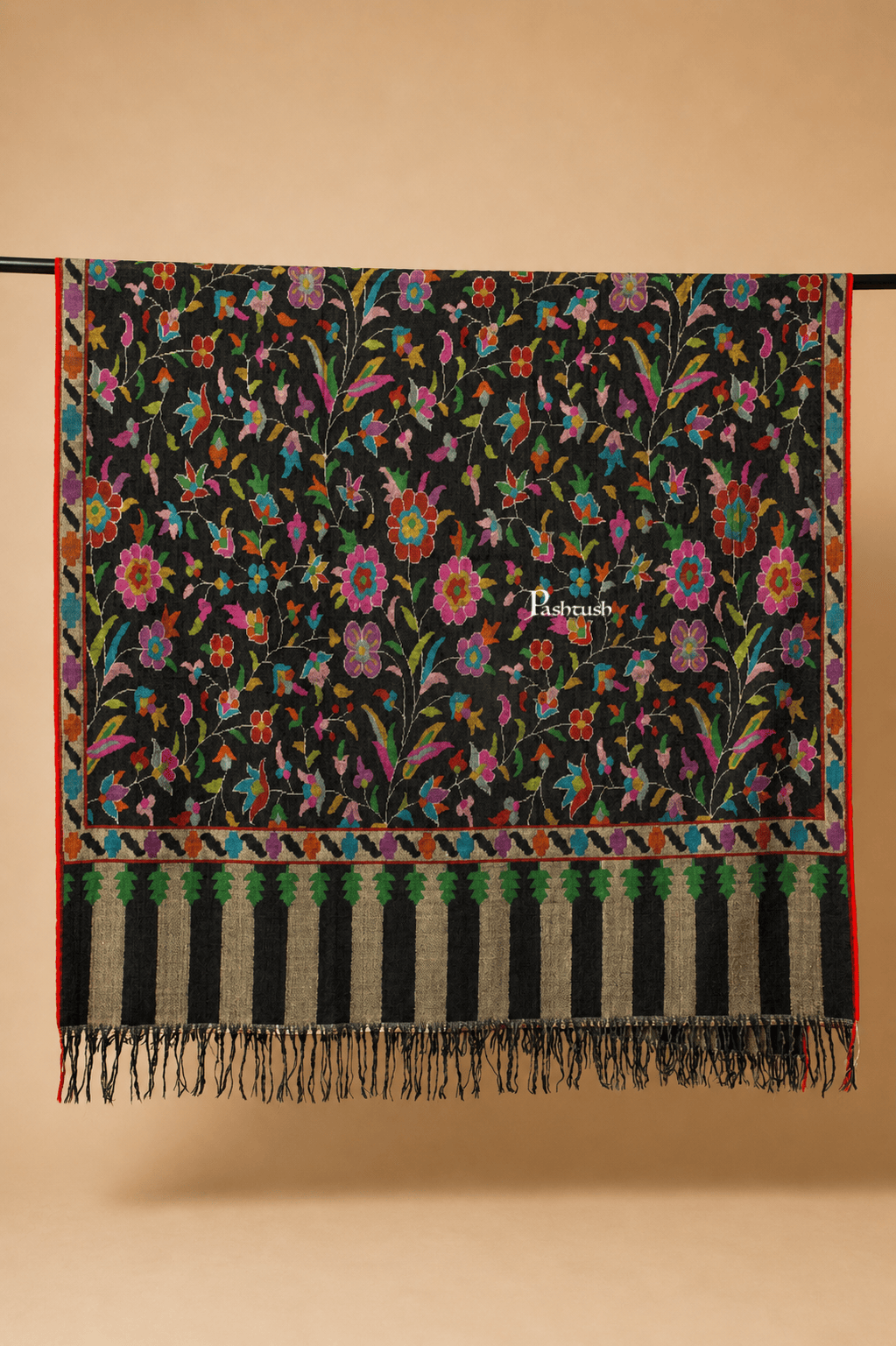 Pashtush India Womens Shawls Pashtush Womens Pure Pashmina Kaani Shawl, Handloom, Hand woven, Black