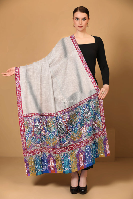 Pashtush India Womens Shawls Pashtush Womens Pure Pashmina Shawl, Hand Embroidered, Hand Painted Kalamkari Palla, Handloom, Multicolour