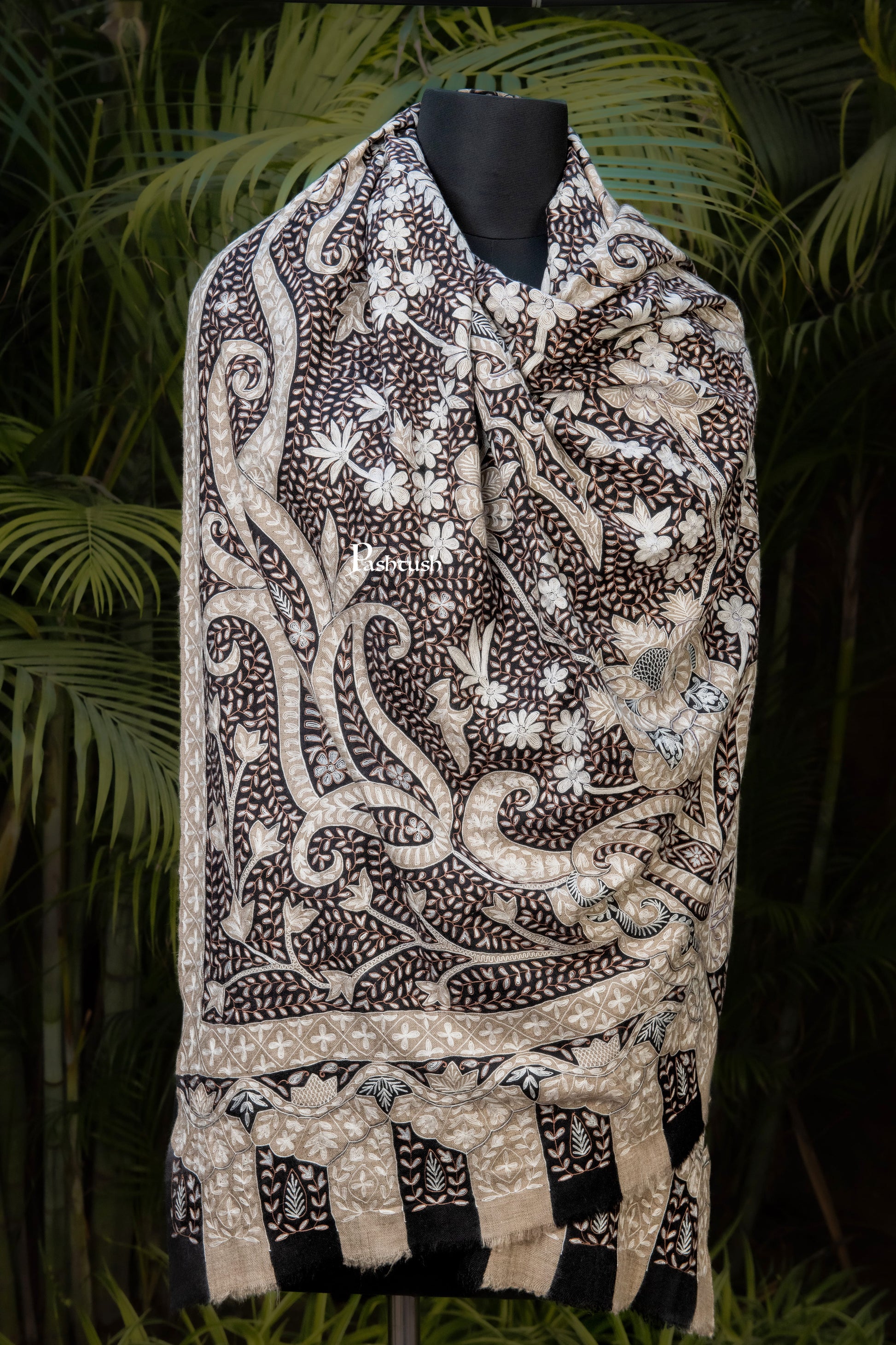 Pashtush India Womens Shawls Pashtush Womens Pure Pashmina Shawl, Hand Embroidery, Hand Woven, Kalamkari Design, Black