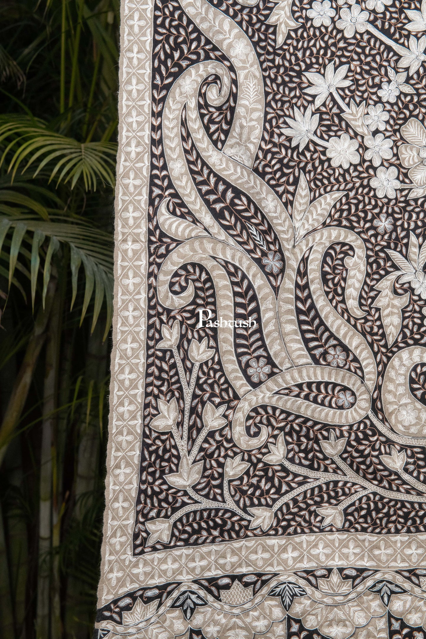 Pashtush India Womens Shawls Pashtush Womens Pure Pashmina Shawl, Hand Embroidery, Hand Woven, Kalamkari Design, Black
