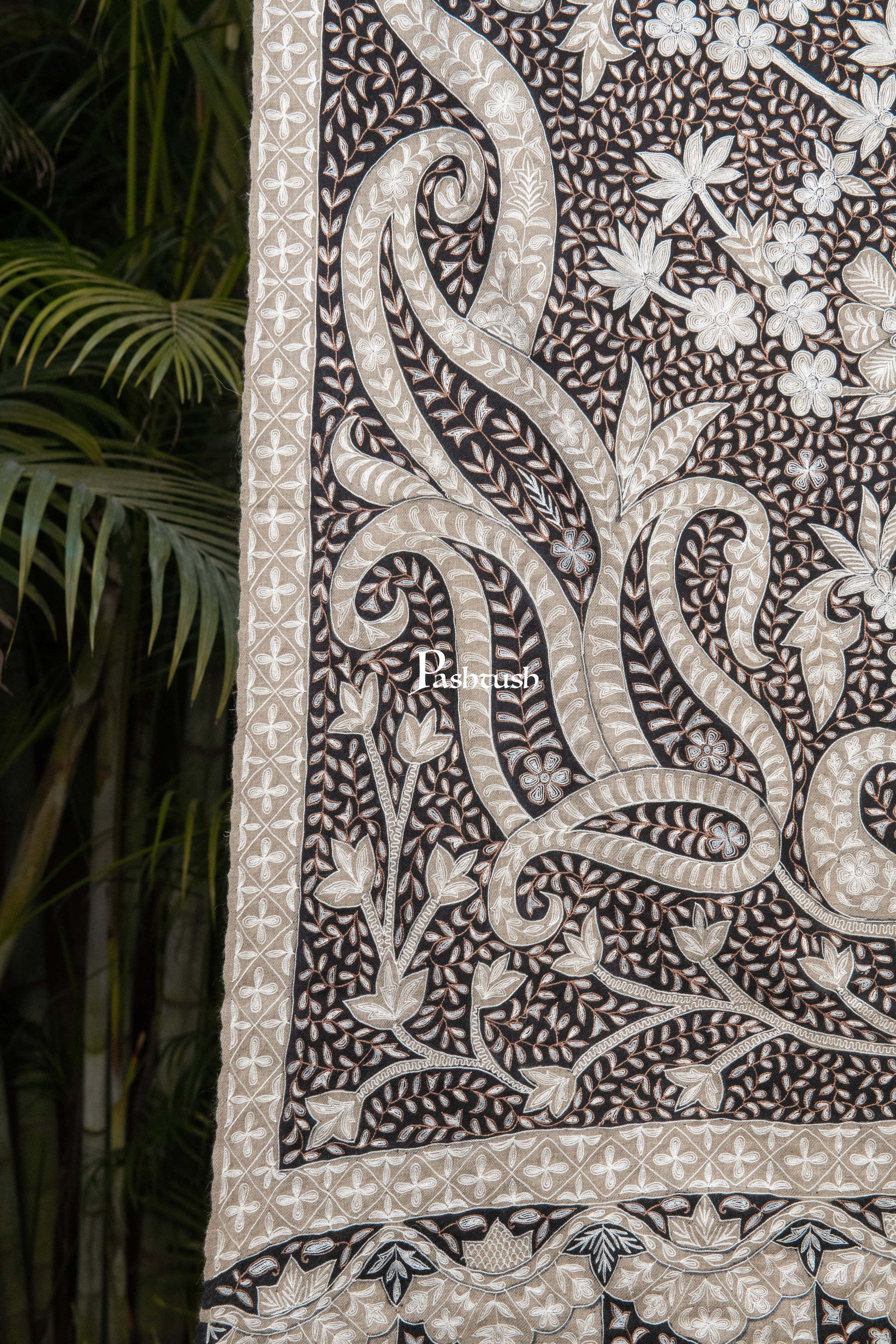Pashtush India Womens Shawls Pashtush Womens Pure Pashmina Shawl, Hand Embroidery, Hand Woven, Kalamkari Design, Black