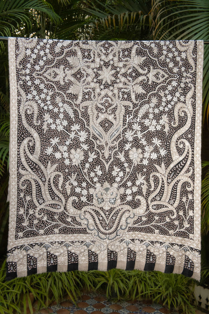 Pashtush India Womens Shawls Pashtush Womens Pure Pashmina Shawl, Hand Embroidery, Hand Woven, Kalamkari Design, Black