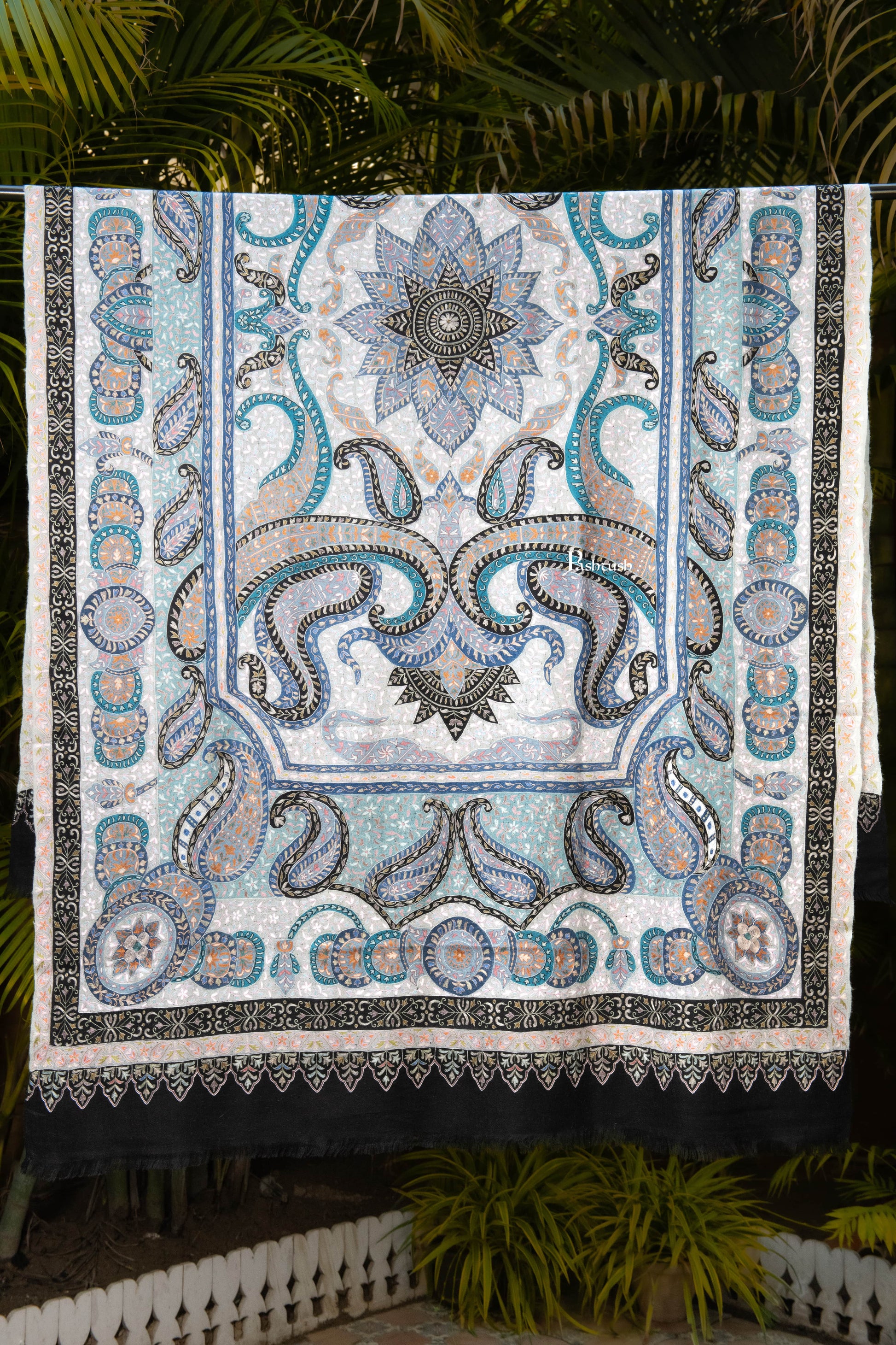 Pashtush India Womens Shawls Pashtush Womens Pure Pashmina Shawl, Hand Embroidery, Hand Woven, Kalamkari Design, Multicolour