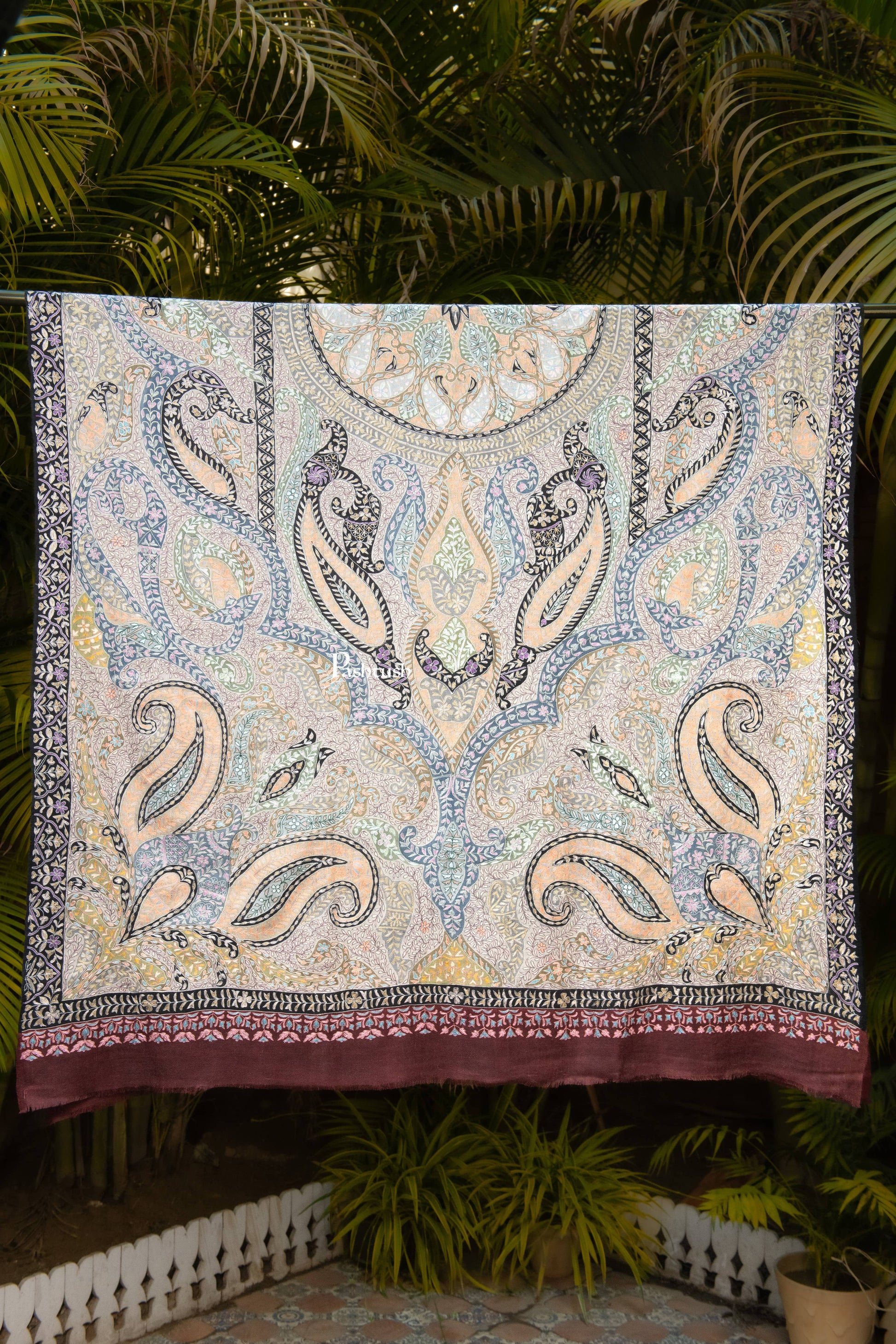 Pashtush India Womens Shawls Pashtush Womens Pure Pashmina Shawl, Hand Embroidery, Hand Woven, Kalamkari Design, Multicolour