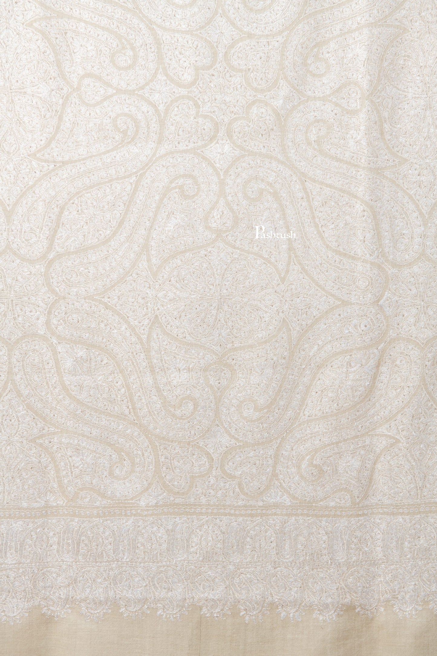 Pashtush India Womens Shawls Pashtush Womens Pure Pashmina Shawl, Hand Embroidery, Hand Woven, Tonal Design, Ivory