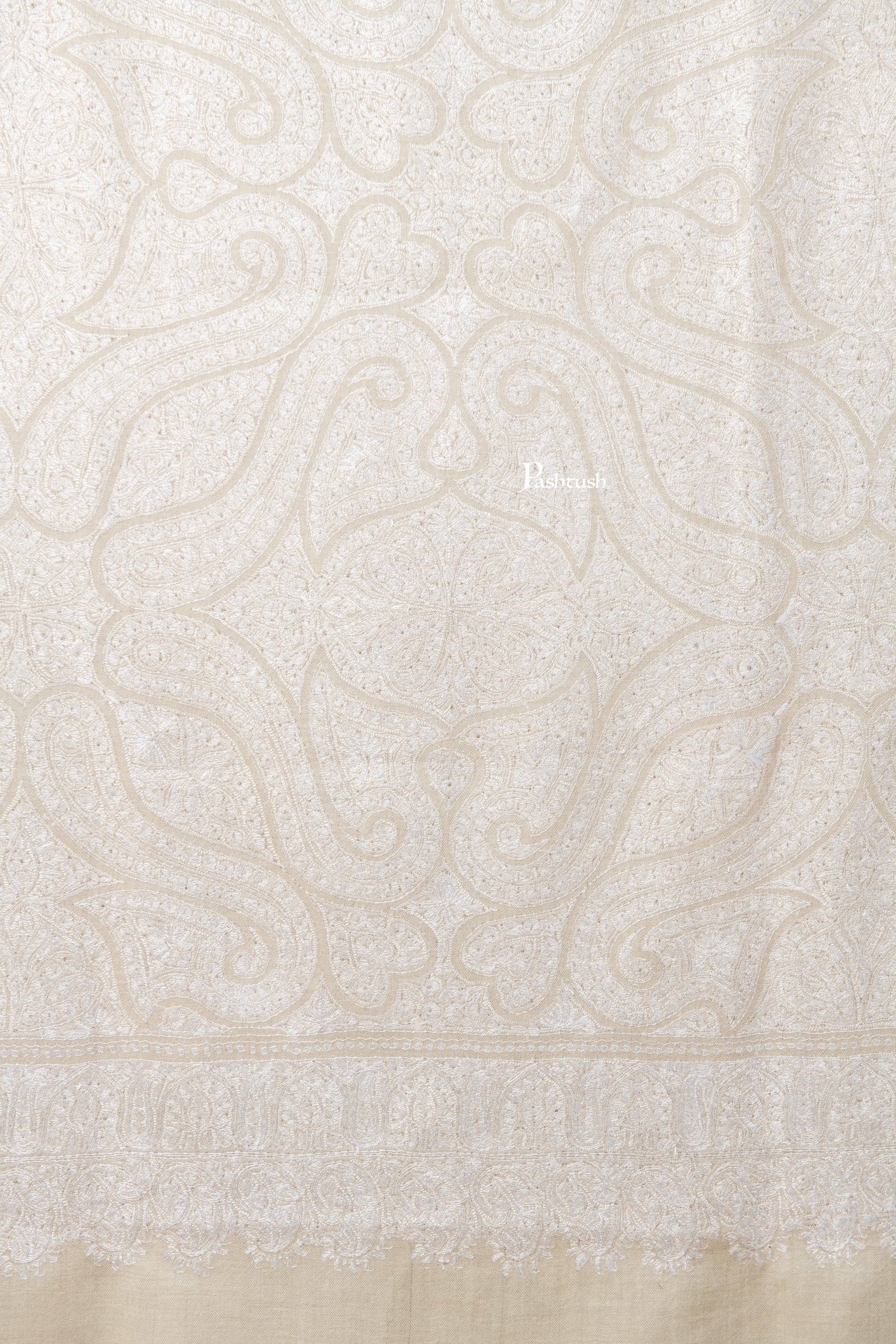 Pashtush India Womens Shawls Pashtush Womens Pure Pashmina Shawl, Hand Embroidery, Hand Woven, Tonal Design, Ivory