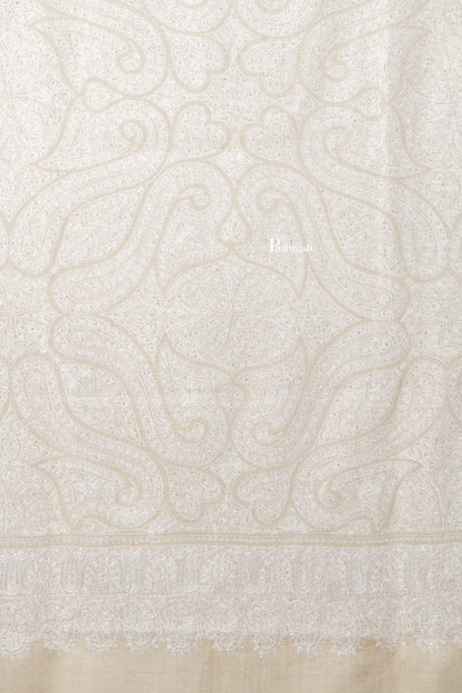Pashtush India Womens Shawls Pashtush Womens Pure Pashmina Shawl, Hand Embroidery, Hand Woven, Tonal Design, Ivory