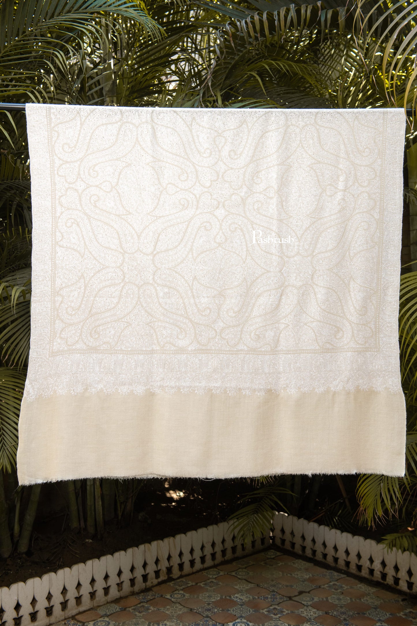 Pashtush India Womens Shawls Pashtush Womens Pure Pashmina Shawl, Hand Embroidery, Hand Woven, Tonal Design, Ivory