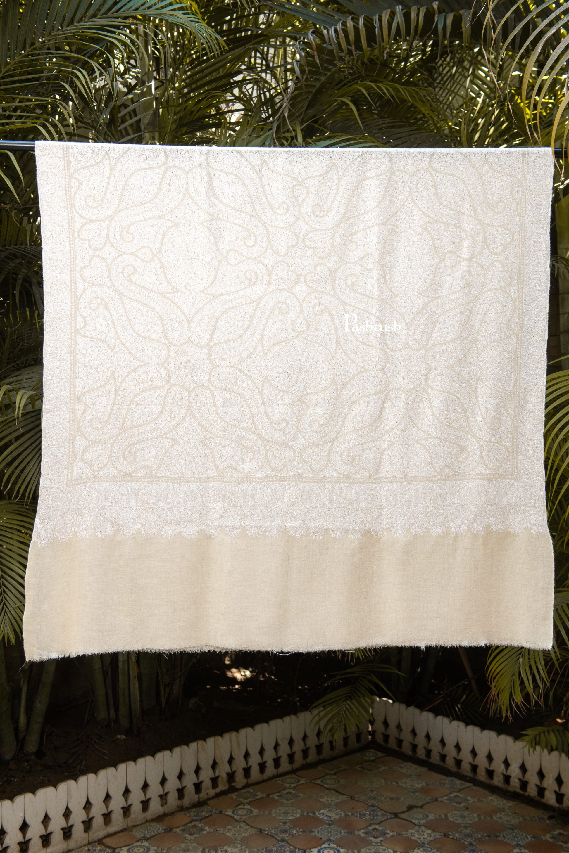 Pashtush India Womens Shawls Pashtush Womens Pure Pashmina Shawl, Hand Embroidery, Hand Woven, Tonal Design, Ivory