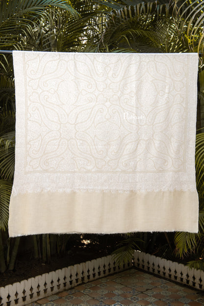 Pashtush India Womens Shawls Pashtush Womens Pure Pashmina Shawl, Hand Embroidery, Hand Woven, Tonal Design, Ivory