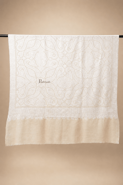 Pashtush India Womens Shawls Pashtush Womens Pure Pashmina Shawl, Hand Embroidery, Hand Woven, Tonal Design, Ivory