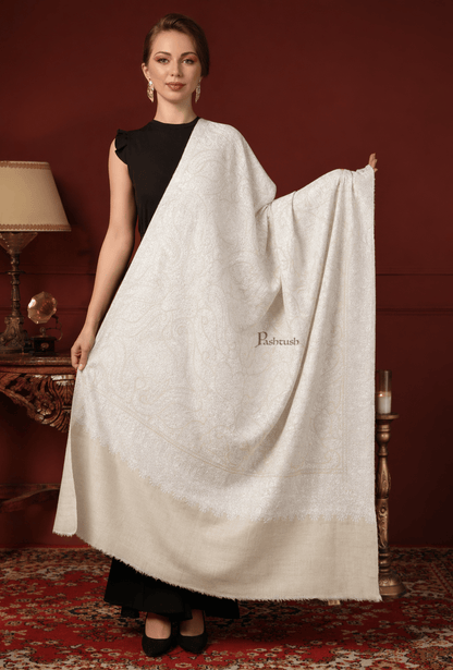 Pashtush India Womens Shawls Pashtush Womens Pure Pashmina Shawl, Hand Embroidery, Hand Woven, Tonal Design, Ivory