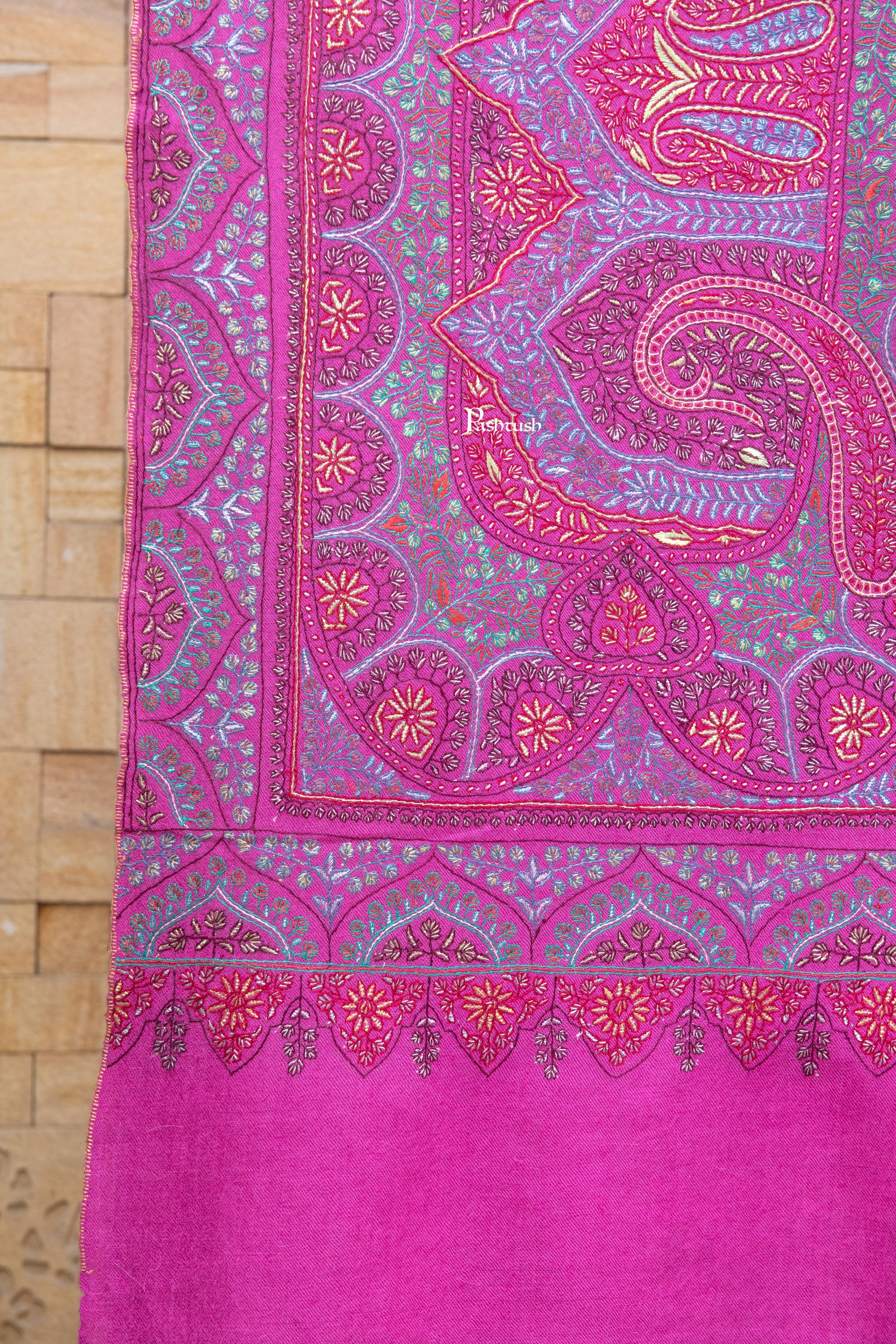 Pashtush India Womens Shawls Pashtush Womens Pure Pashmina Shawl, Hand Hand Embroidery, Hand Woven, Fuschia