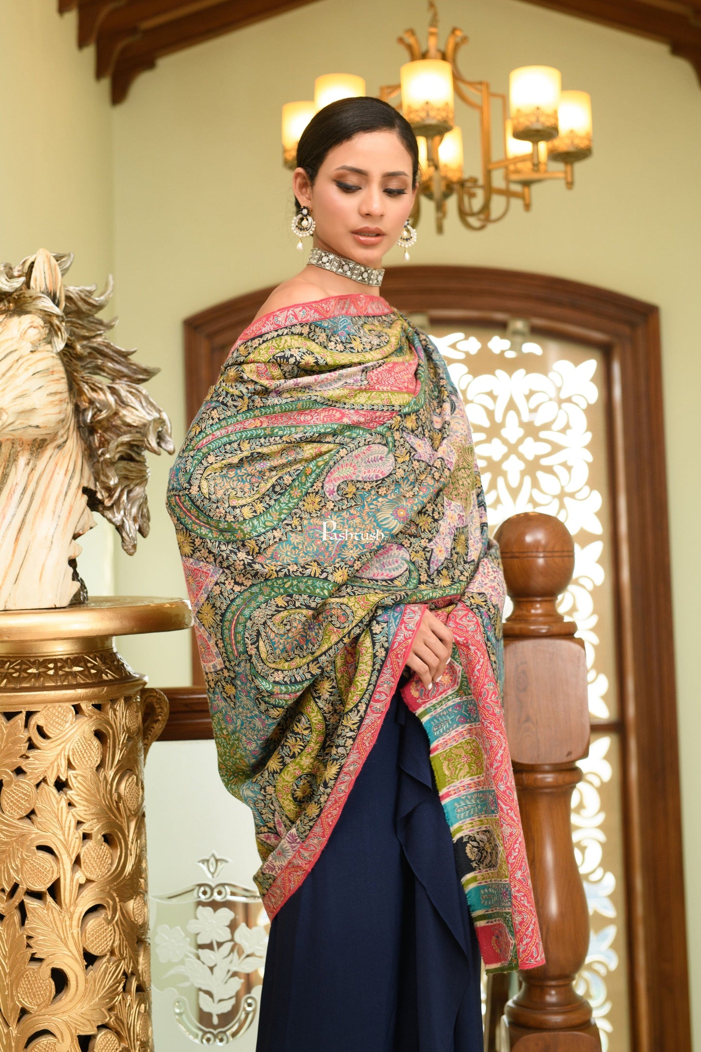 Pashtush India Womens Shawls Pashtush Womens Pure Pashmina Shawl, Hand Painted And Embroidered Kalamkari Design, Multicolour