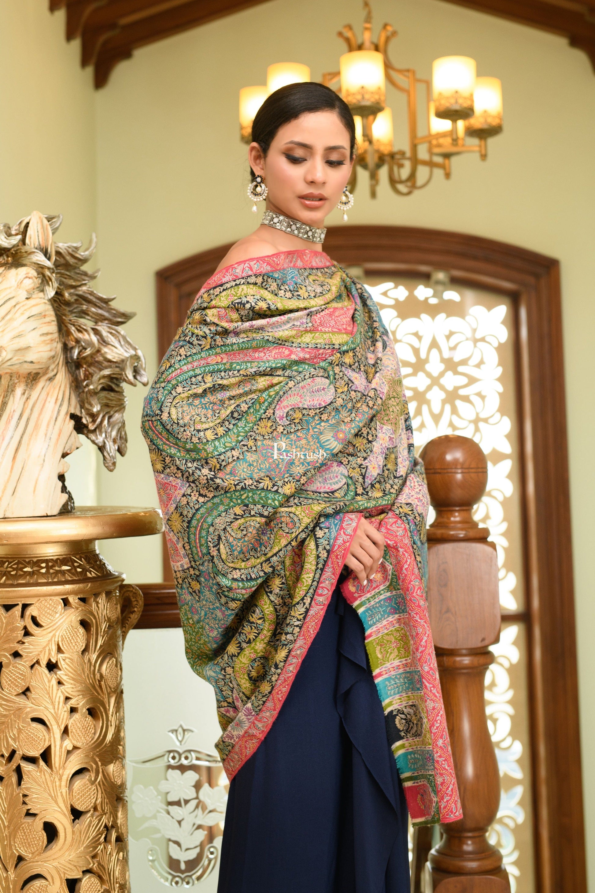Pashtush India Womens Shawls Pashtush Womens Pure Pashmina Shawl, Hand Painted And Embroidered Kalamkari Design, Multicolour