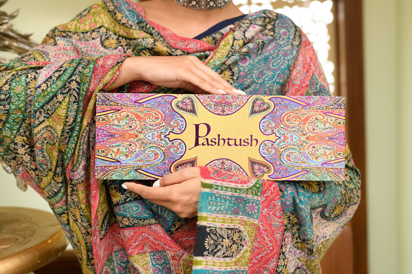 Pashtush India Womens Shawls Pashtush Womens Pure Pashmina Shawl, Hand Painted And Embroidered Kalamkari Design, Multicolour