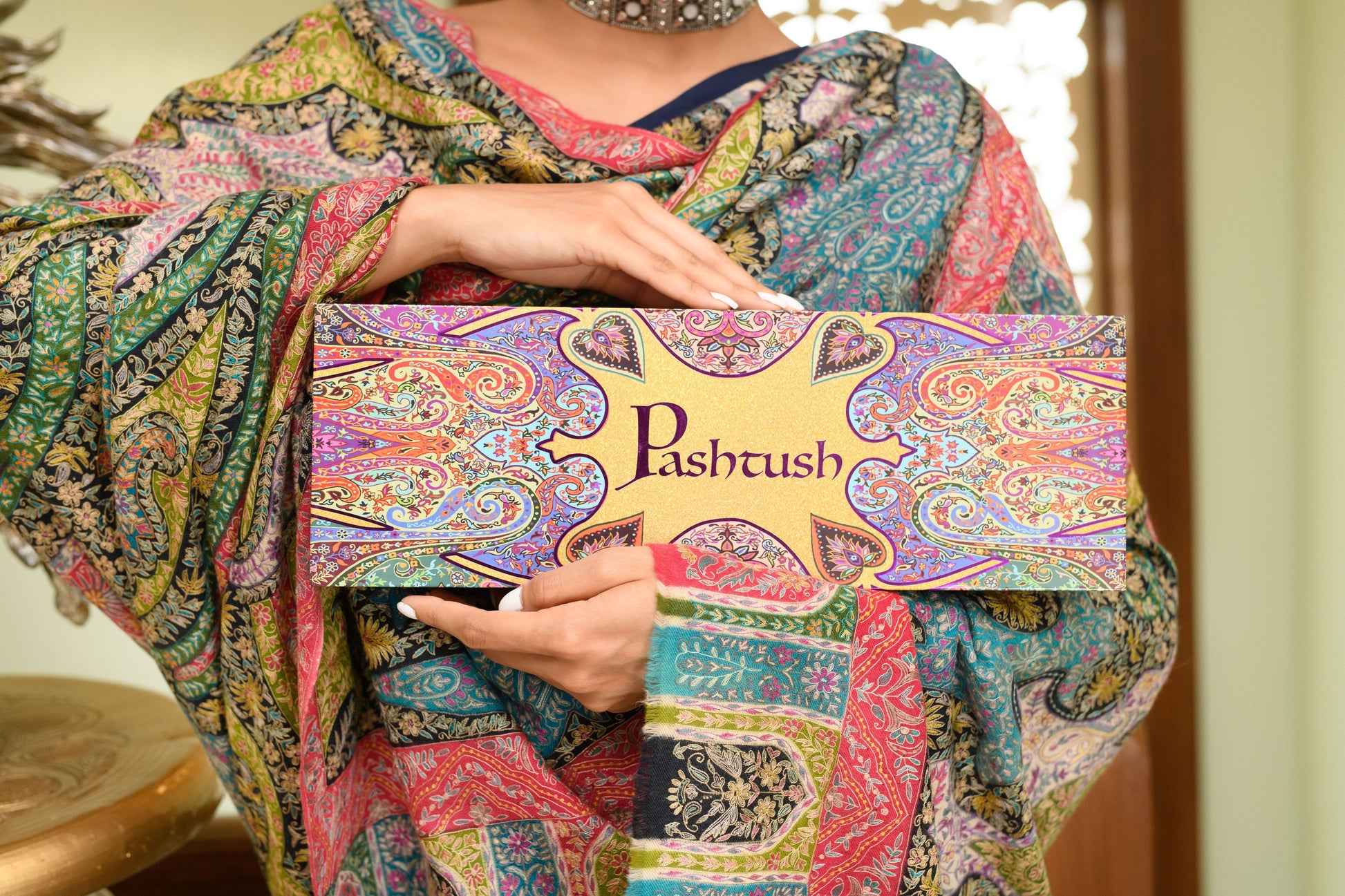 Pashtush India Womens Shawls Pashtush Womens Pure Pashmina Shawl, Hand Painted And Embroidered Kalamkari Design, Multicolour
