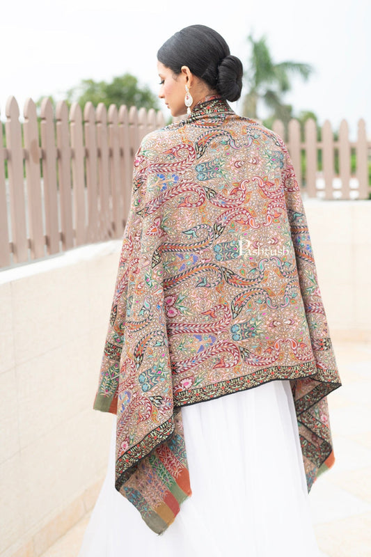 Pashtush India Womens Shawls Pashtush Womens Pure Pashmina Shawl, Hand Painted And Embroidered Kalamkari Ombre Design, Multicolour