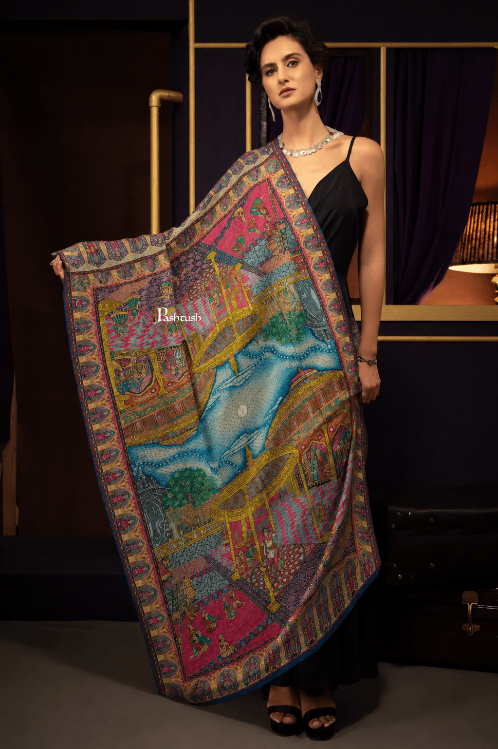 Pashtush India Womens Shawls Pashtush Womens Pure Pashmina Shawl, Hand Painted, Hand Woven Design, Multicolour