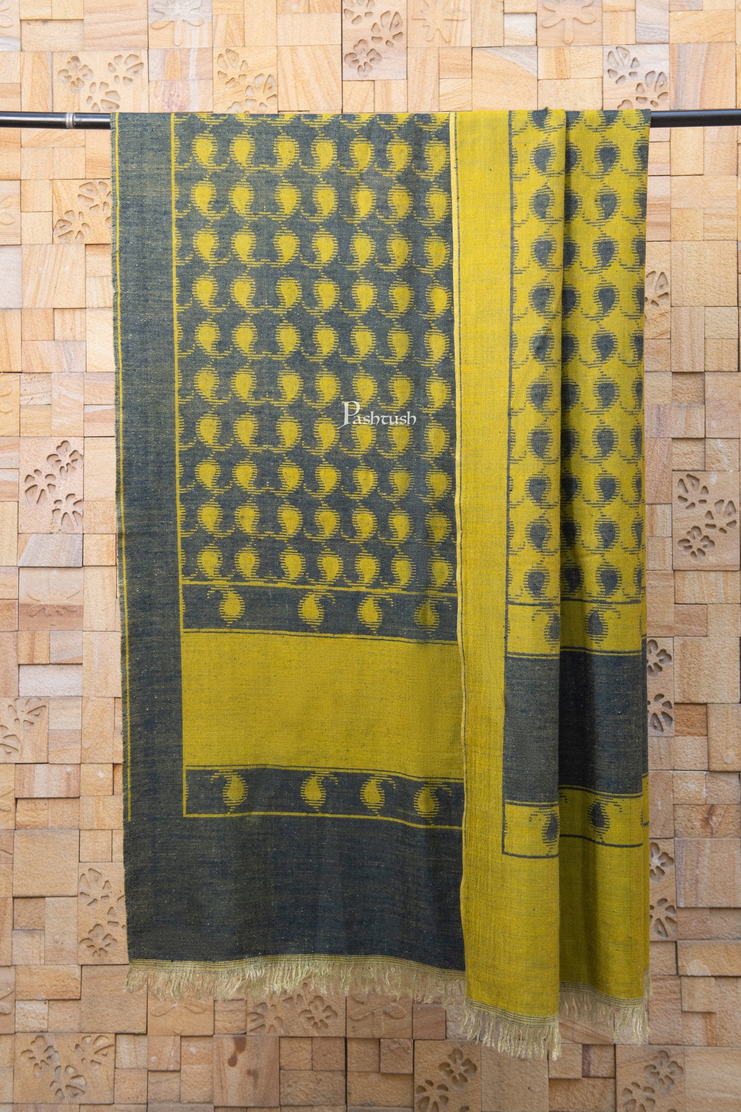 Pashtush India Womens Shawls Pashtush Womens Pure pashmina Shawl Hand-woven, Reversible Design, Grey and Kashmiri Mustard