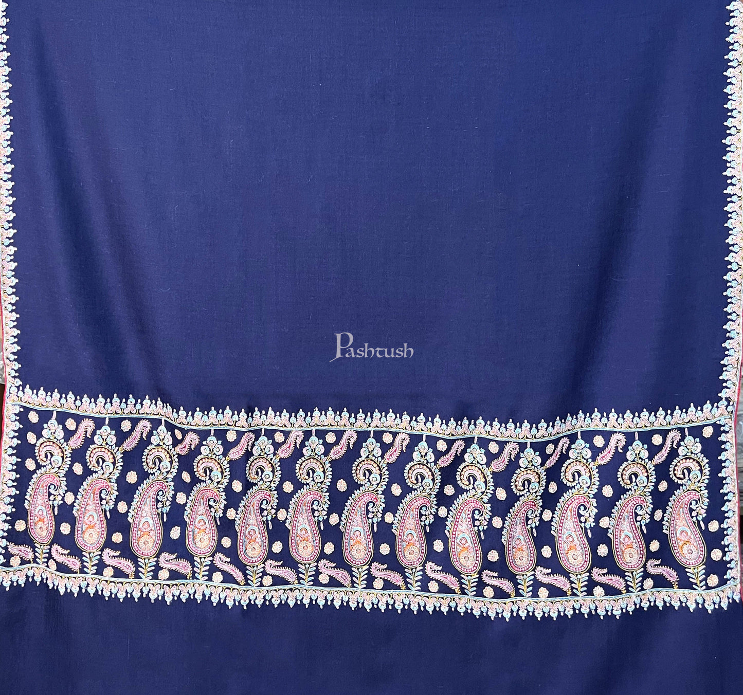 Pashtush India Womens Shawls Pashtush Womens Pure Pashmina Shawl, Kashmiri Hand Embroidered, Pastel Embroidery, Royal Blue