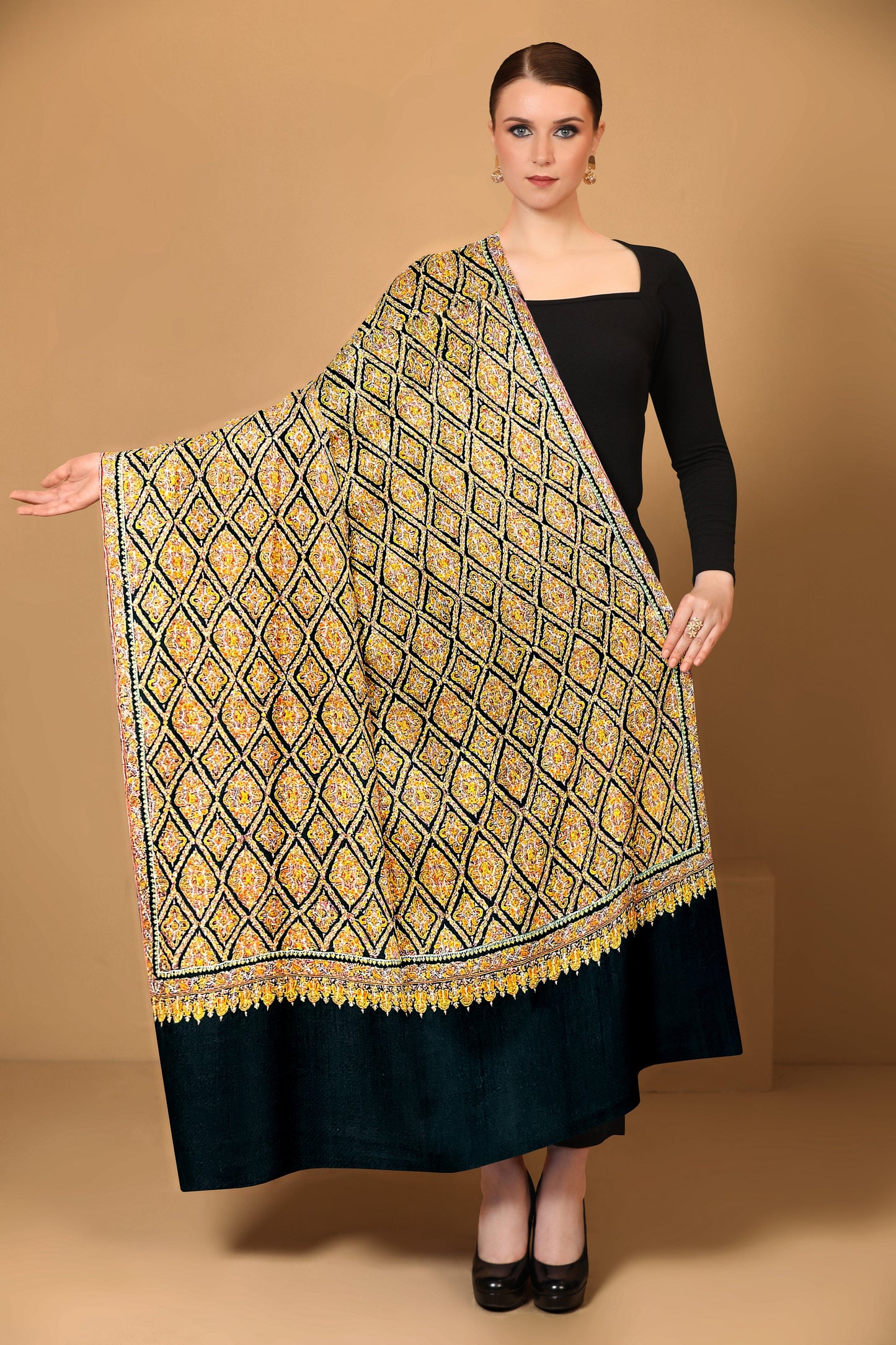 Pashtush India Womens Shawls Pashtush Womens Pure Pashmina Shawl, Kashmiri Hand Embroidery, Sozni Jaal, Black