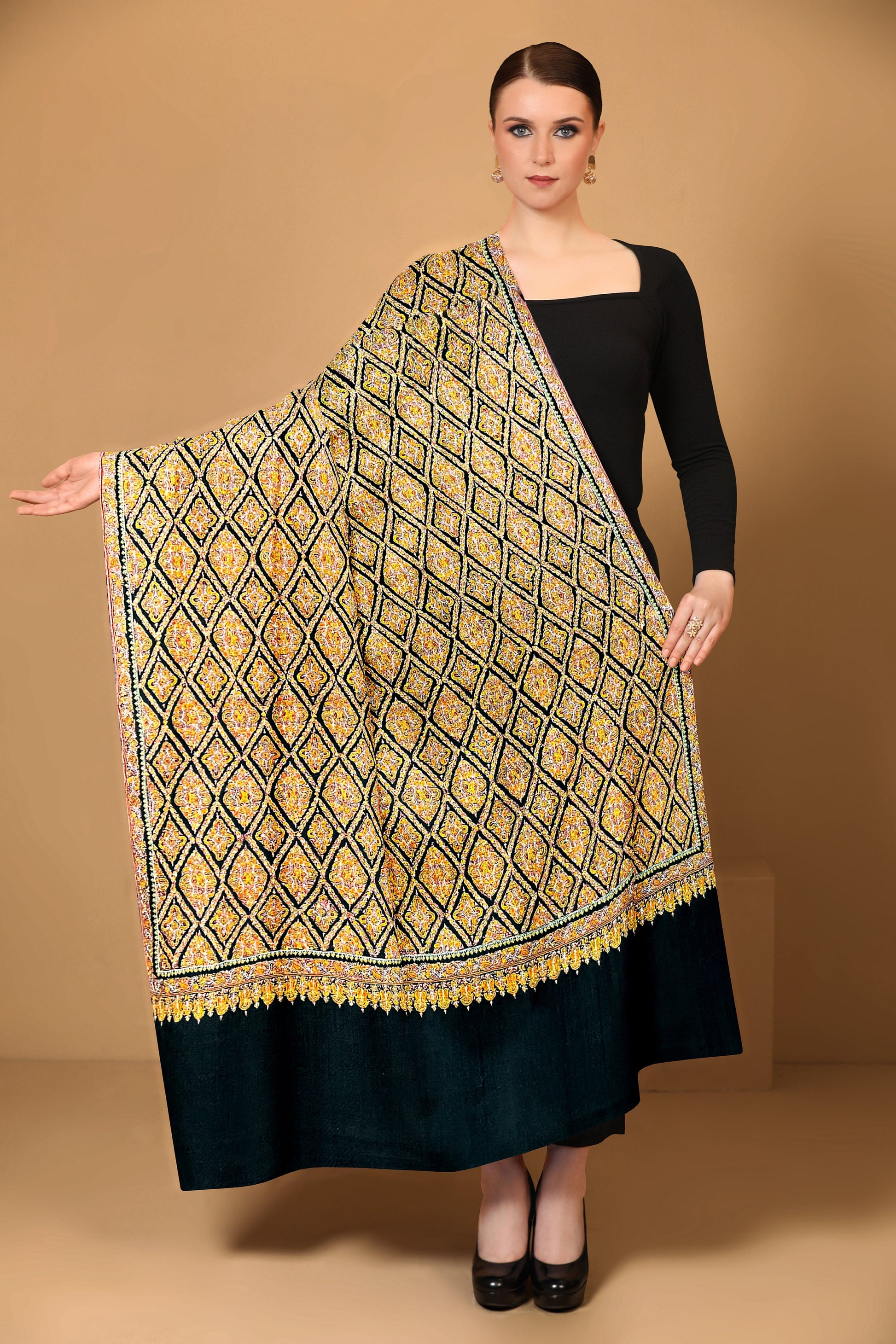 Pashtush India Womens Shawls Pashtush Womens Pure Pashmina Shawl, Kashmiri Hand Embroidery, Sozni Jaal, Black