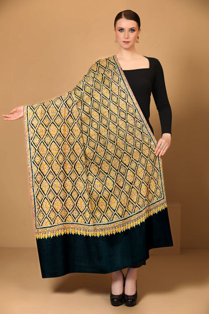 Pashtush India Womens Shawls Pashtush Womens Pure Pashmina Shawl, Kashmiri Hand Embroidery, Sozni Jaal, Black