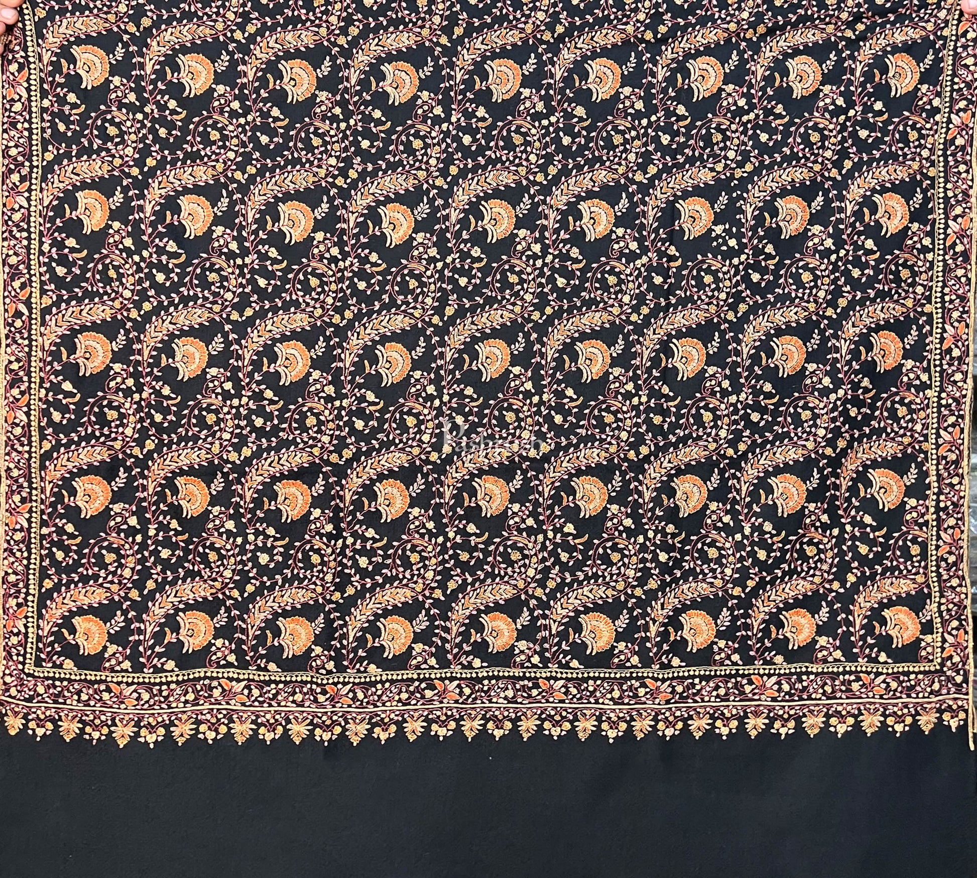 Pashtush India Womens Shawls Pashtush Womens Pure Pashmina Shawl, Kashmiri Hand Embroidery, Sozni Jaal, Black