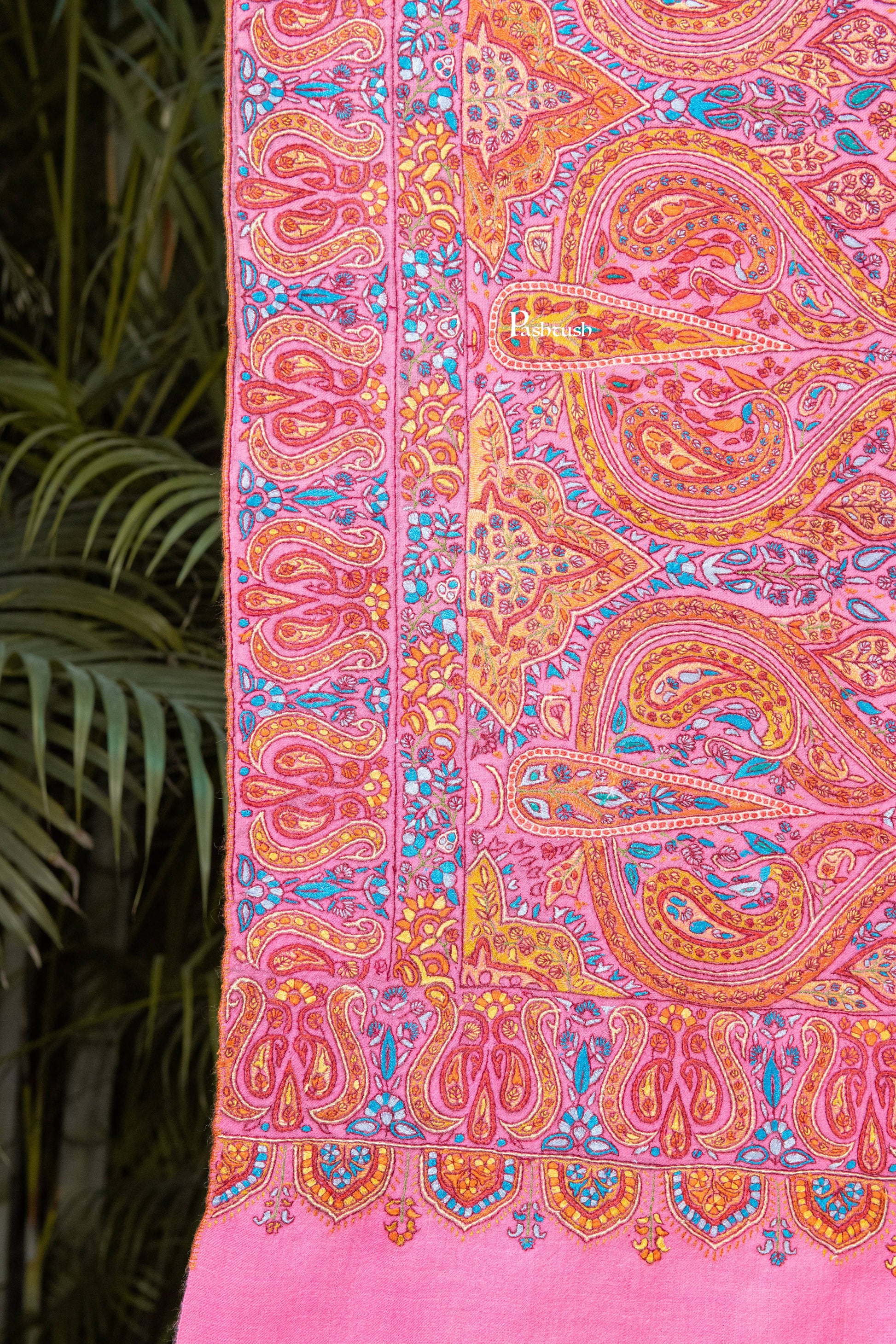 Pashtush India Womens Shawls Pashtush Womens Pure Pashmina Shawl, Papier Mache Hand Embroidery, Hand Woven Design, Bright Pink