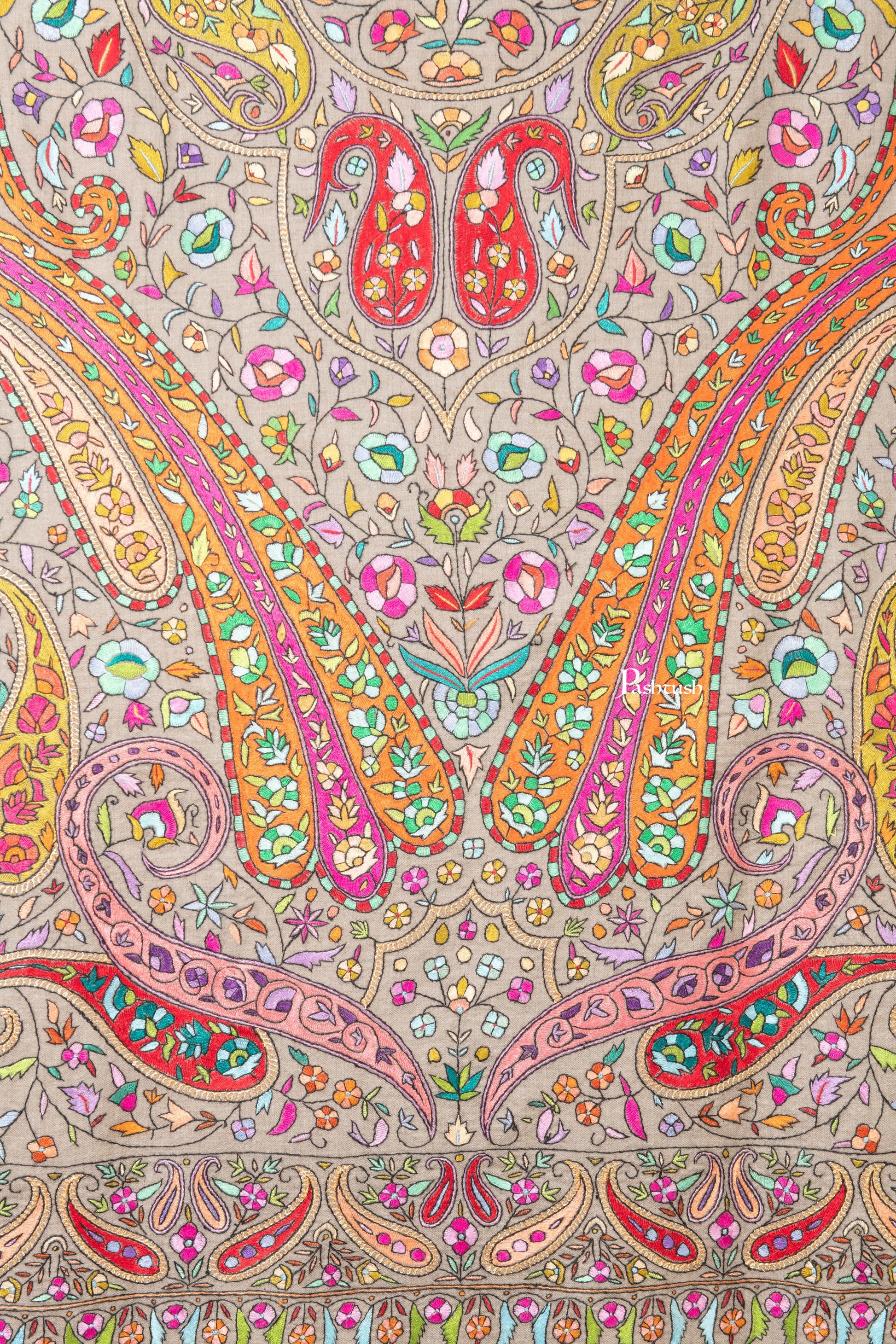 Pashtush India Womens Shawls Pashtush Womens Pure Pashmina Shawl, Papier Mache Hand Embroidery, Hand Woven Design, Multicolour With Natural Woven Base