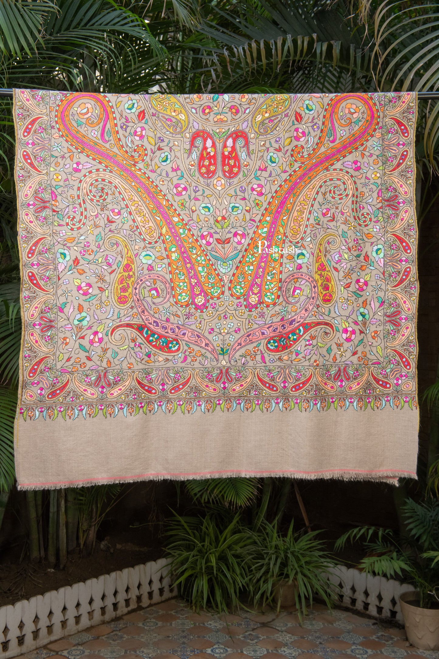 Pashtush India Womens Shawls Pashtush Womens Pure Pashmina Shawl, Papier Mache Hand Embroidery, Hand Woven Design, Multicolour With Natural Woven Base