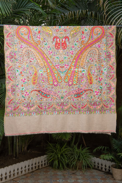 Pashtush India Womens Shawls Pashtush Womens Pure Pashmina Shawl, Papier Mache Hand Embroidery, Hand Woven Design, Multicolour With Natural Woven Base