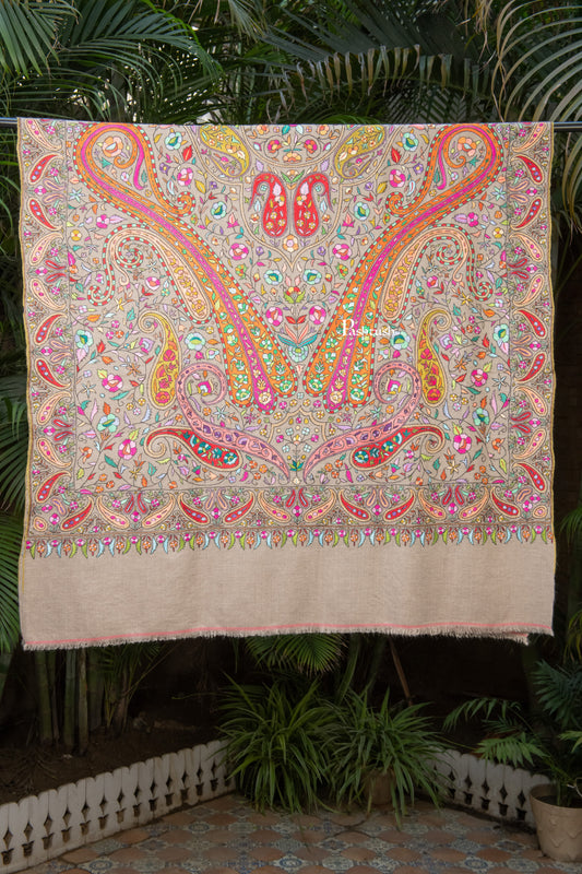 Pashtush India Womens Shawls Pashtush Womens Pure Pashmina Shawl, Papier Mache Hand Embroidery, Hand Woven Design, Multicolour With Natural Woven Base