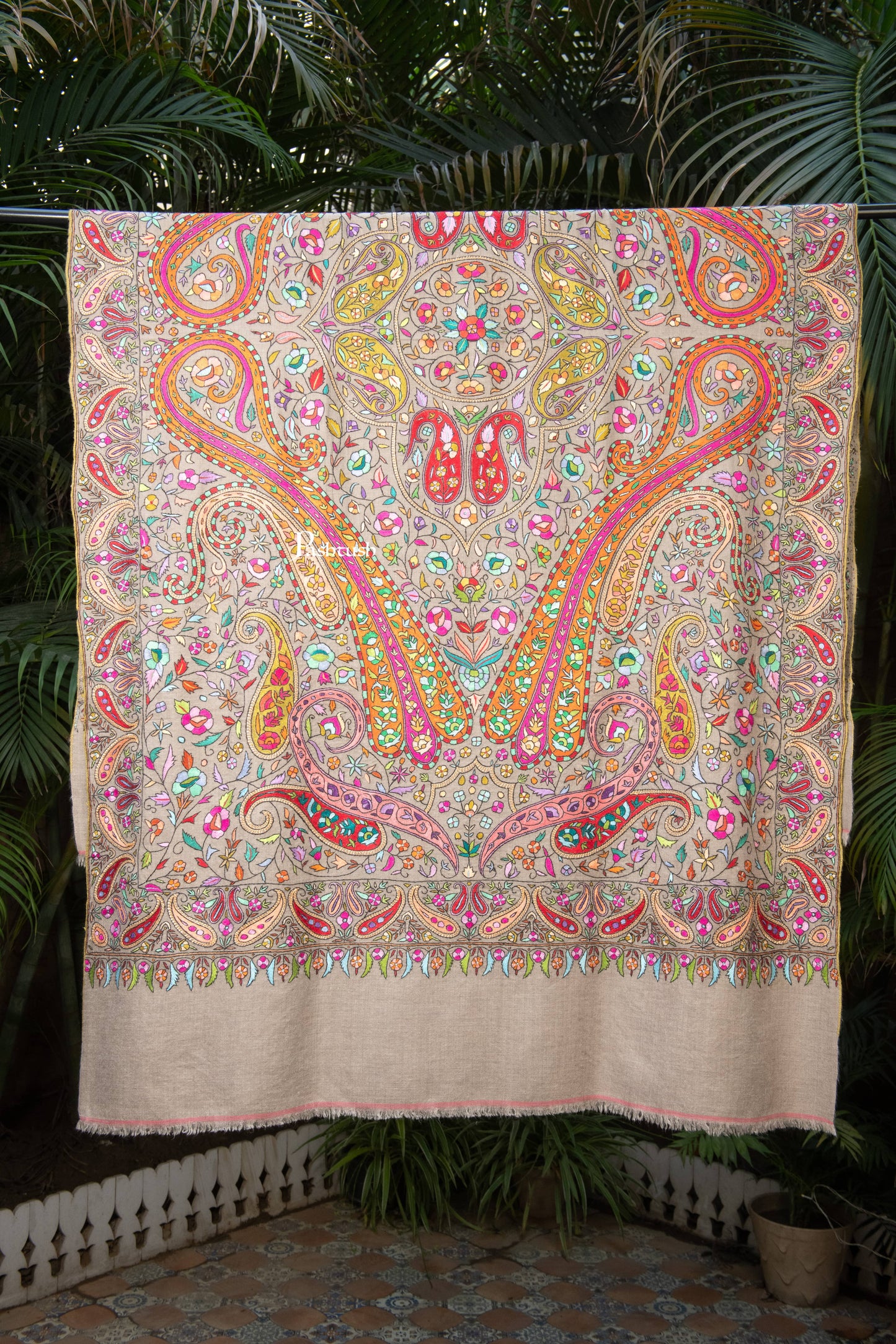 Pashtush India Womens Shawls Pashtush Womens Pure Pashmina Shawl, Papier Mache Hand Embroidery, Hand Woven Design, Multicolour With Natural Woven Base