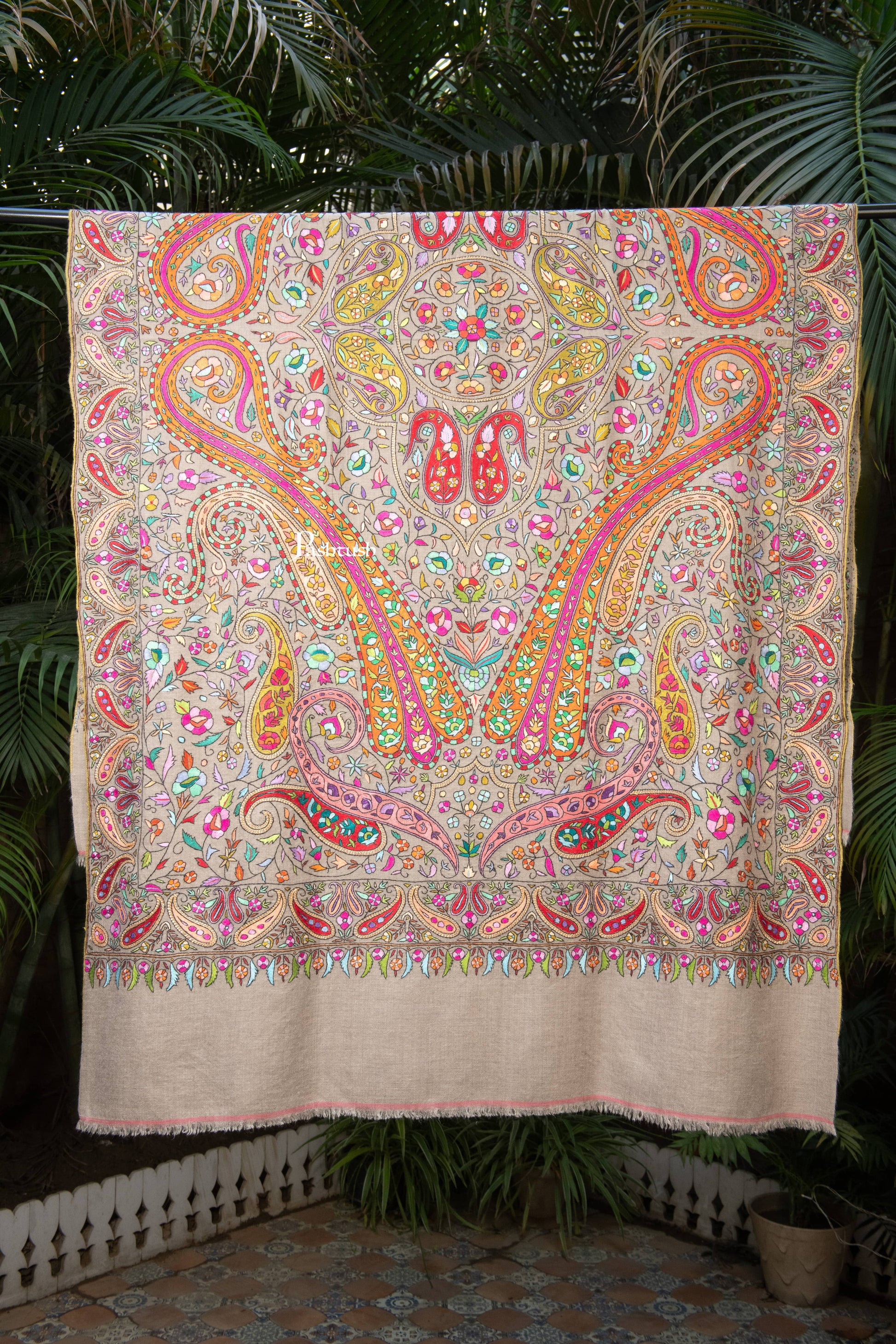 Pashtush India Womens Shawls Pashtush Womens Pure Pashmina Shawl, Papier Mache Hand Embroidery, Hand Woven Design, Multicolour With Natural Woven Base