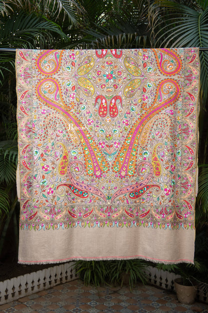 Pashtush India Womens Shawls Pashtush Womens Pure Pashmina Shawl, Papier Mache Hand Embroidery, Hand Woven Design, Multicolour With Natural Woven Base