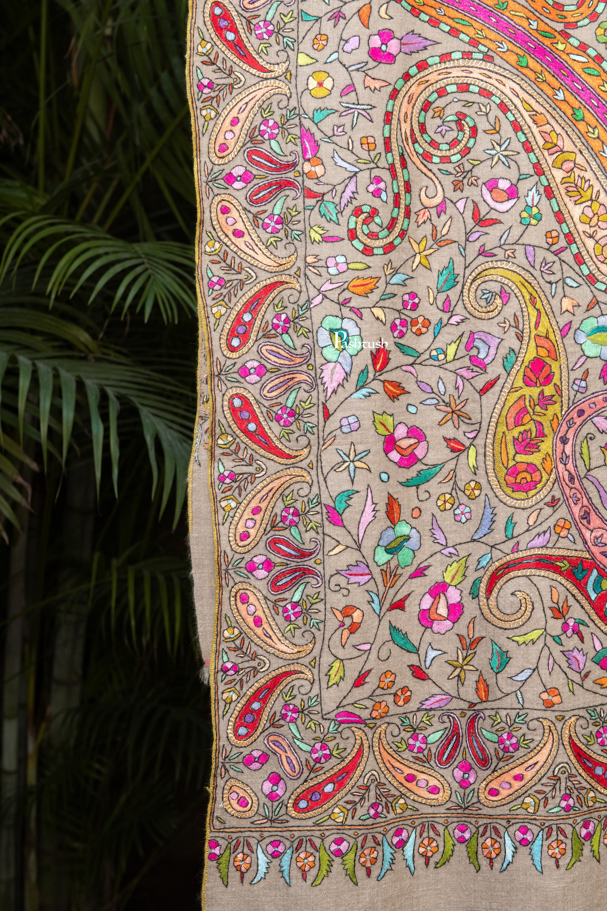Pashtush India Womens Shawls Pashtush Womens Pure Pashmina Shawl, Papier Mache Hand Embroidery, Hand Woven Design, Multicolour With Natural Woven Base
