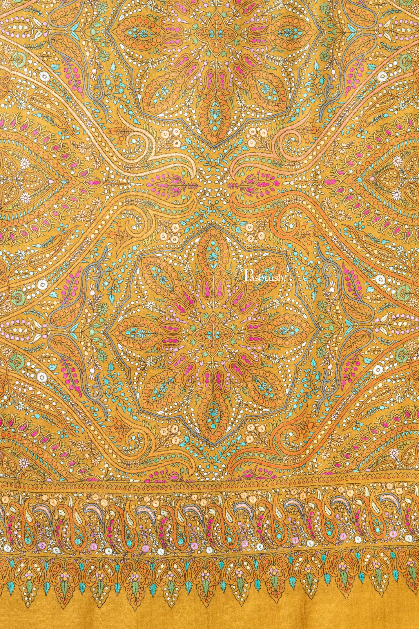 Pashtush India Womens Shawls Pashtush Womens Pure Pashmina Shawl, Papier Mache Hand Embroidery, Hand Woven Design, Mustard